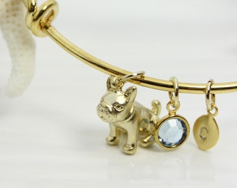 Personalized Doggie Bracelet | French Bulldog Bangle Bracelet | Adjustable Birthstone Bracelet | Animal Pet Charm