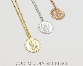 Gold Virgo Zodiac Necklace, Gold Coin Necklace, Medallion Pendant, Astrology Signs, Cancer Pendnat, Libra Zodiac, Leo Necklace