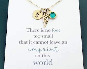 Angel Wing Foot Disc Necklace | Miscarriage Jewelry | Personalized Gold Pendant | Select Birthstone Charm