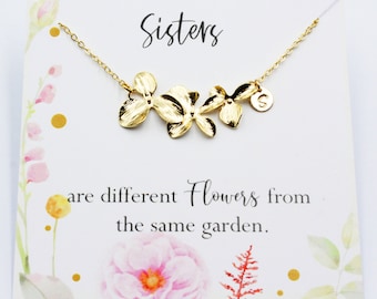 Gepersonaliseerde zusters ketting | Verjaardagscadeau van zus | Roségouden bloembedel| Drie orchideebloemen | Kerstcadeau voor zussen