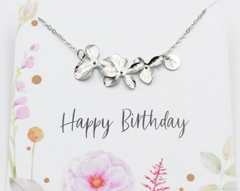Personalized Silver Flower Necklace| Birthday Jewelry | Gold Flower Charm| Three Orchid Flowers | Bridal Gift for Sisters | Best Friend Gift