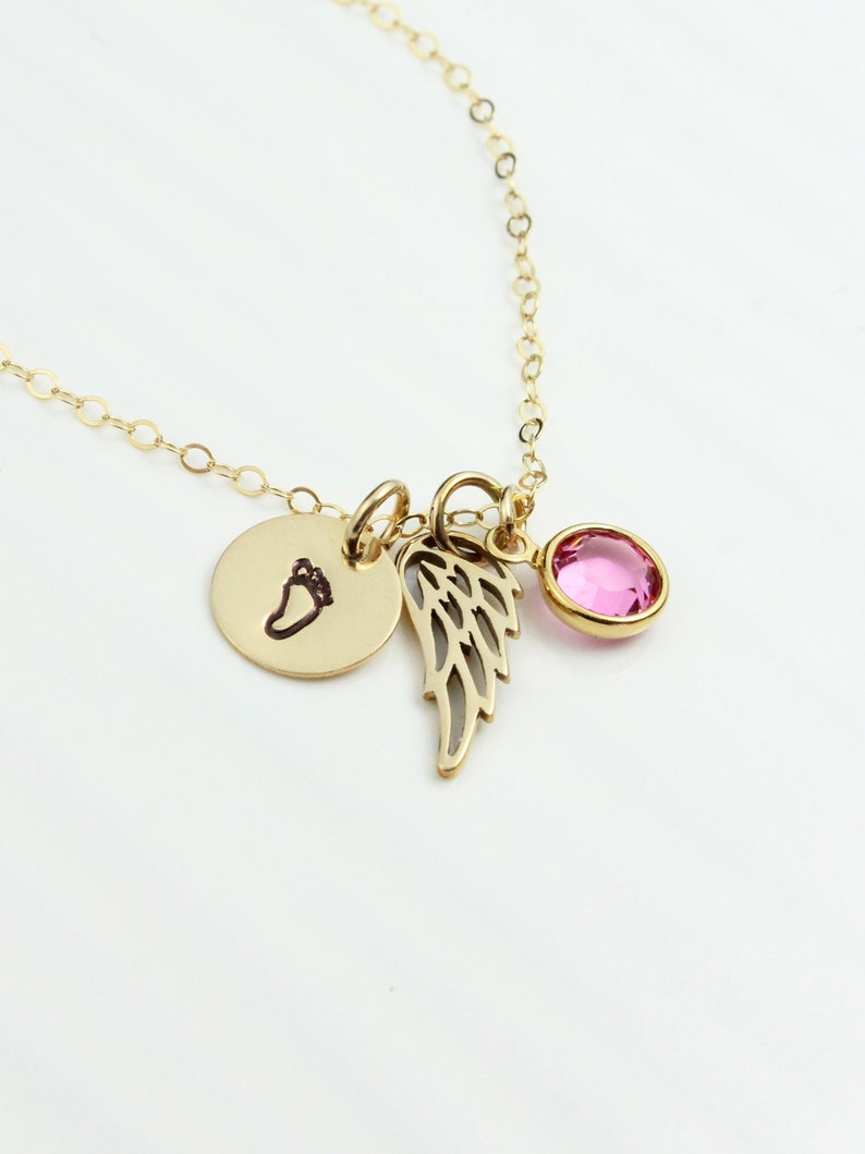 Child Foot Disc Miscarriage Necklace Angel Wing Baby Footprint Necklace Infant Loss Condolence Gift Birthstone Necklace