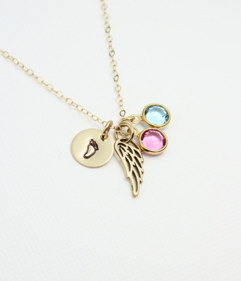 Child Foot Disc Miscarriage Necklace Angel Wing Baby Footprint Necklace Infant Loss Condolence Gift Birthstone Necklace
