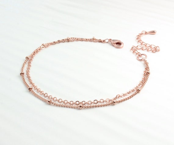 Rose Gold Layered Chain Link Bracelet, Simple Beaded Dew Drop