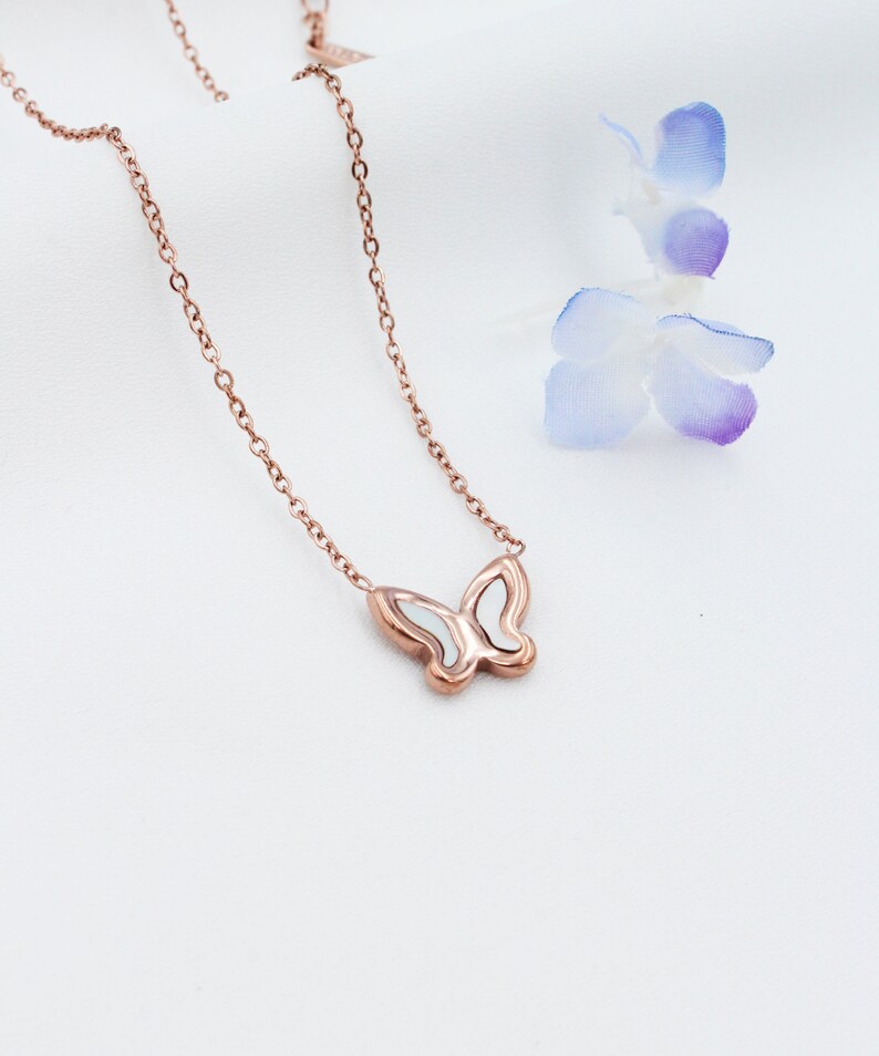 Rose Gold Butterfly Shell Necklace, Inlaid Shell Butterfly Pendant, Rose Gold Jewelry, Silver Pendant, Waterproof Jewelry, Gift for Her image 6