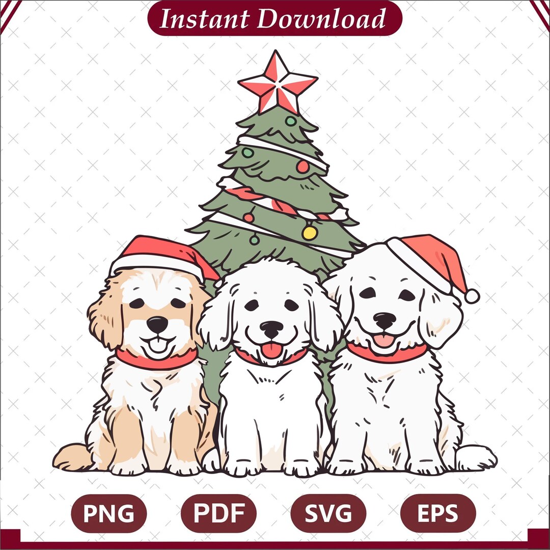 Christmas Cute Dogs With Christmas Tree PNG, Festive Puppies Holiday ...