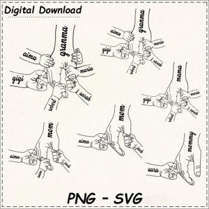 1～6本の手を持つお母さん/おばあちゃんと子供たちのSVG PNGバンドル、パーソナライズされた母の日のデジタルファイル、最高のお母さんへのSVG PNGギフト、お母さんと子供たちの手SVG PNG