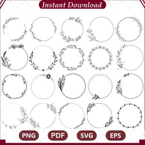 Floral Wreath SVG Bundle Wedding Circle Frame, Instant Download Clipart for Cricut & Sublimation, Floral Monogram Border and Decor Cut Files