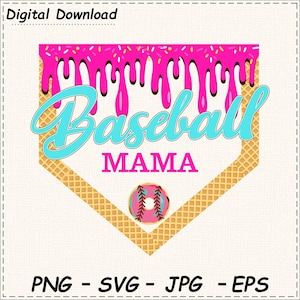 Mamá de béisbol SVG PNG, Diseño de helado PNG de goteo de béisbol para mamá, Archivo de corte para mamá de sóftbol, Descarga digital para mamá deportista, Cricut y Silhouette