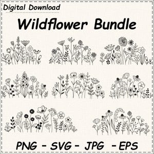Wildflower SVG-bundel, minimalistisch bloemboeket, wilde bloemen clipart, Flower Sketch SVG, Flower Border SVG, Floral Line Art Instant Download