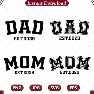Maman et papa Est. Lot 2025 SVG, faire-part de grossesse style universitaire, téléchargement immédiat PNG SVG pour la fête des pères, fichiers de coupe Cricut pour les nouveaux parents