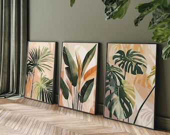 Conjunto de 3 plantas de arte mural con efecto acuarela, pintura botánica, conjunto de galería, plantas de palmeras Monstera, ave del paraíso, decoración digital
