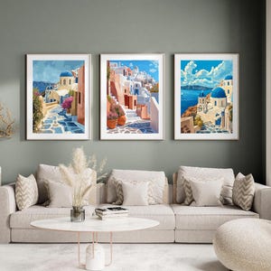 Set of 3 - Santorini Greece Digital Wall Art – Blue Dome Church & Aegean Sea Print | Mediterranean Coastal Home Decor, Travel Poster