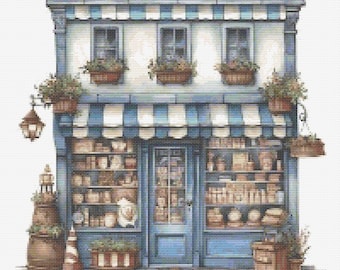 May include: Watercolor illustration of a quaint shop with a blue and white striped awning. The shop has a blue door and windows, with flower boxes and a hanging lantern. Shelves are filled with various items.