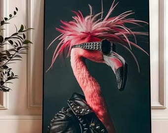 Punk Flamingo Portrait Poster – Gothic Vintage Wall Art
