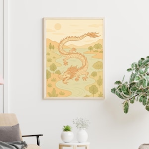 Poster minimalista di drago cinese - Arte murale in stile boho / Paesaggio sereno / Download stampabile / Decorazione Feng Shui