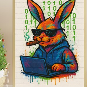 Puede incluir: Una ilustración colorida de un conejo con gafas de sol y una sudadera azul, fumando un cigarro y usando una computadora portátil. El fondo es una pared de ladrillo blanco con código binario verde.