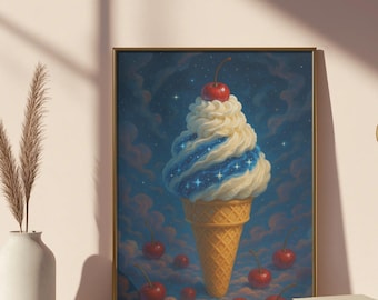 Surreal Ice Cream Cone Print: Whimsical Cosmic Dessert Art (Digital Download)