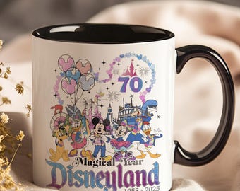 Disneyland 70th Anniversary Mug-Magical Year 1955-2025 Celebration Cup,Collector’s Gift Featuring Mickey Mouse, Minnie, Donald, Goofy, Pluto