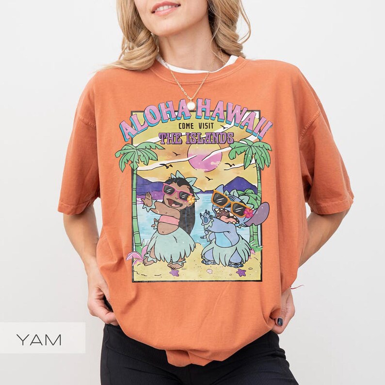 Shirt Aloha Hawaii Lilo and Stitch, Come Visit The Islands-T-shirt, retro Disney-vakantietop, vintage strandzomercadeau, Ohana-T-shirt familie-uitje afbeelding 2