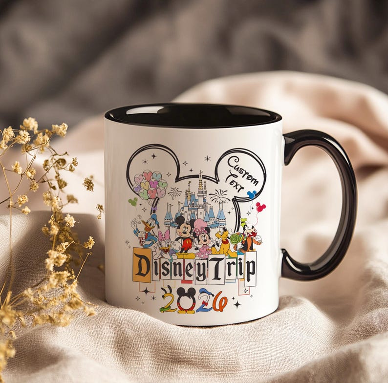 Personalized Disney Trip Mug 2026 with Custom Name – Family Vacation Souvenir Cup Featuring Mickey Mouse and Friends image 1