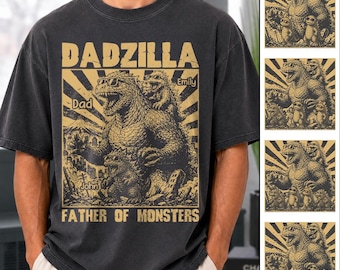 Custom Dadzilla T Shirt, Retro Godzilla Father Day Gift Tee, Personalized Father of Monsters Top, Funny Kids Name Dinosaur Gift
