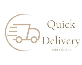 May include: A beige graphic of a delivery truck with motion lines inside a circle, next to the words "Quick Delivery" in a serif font. The text "TEEPRINTSCA" is below the words "Delivery". The background is white.