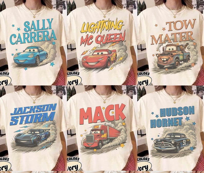 May include: Cream-colored t-shirts featuring various characters from the movie Cars. Designs include Sally Carrera, Lightning McQueen, Tow Mater, Jackson Storm, Mack, and Hudson Hornet, each with a corresponding car illustration.
