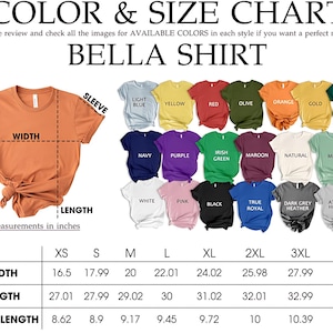 Op de afbeelding: Een Bella shirt kleur- en maattabel. De tabel toont verschillende shirtkleuren, waaronder lichtblauw, geel, rood en groen. De afmetingen zijn in inches, met maten vari&euml;rend van XS tot 4XL. De tabel toont ook breedte, lengte en mouwlengte.