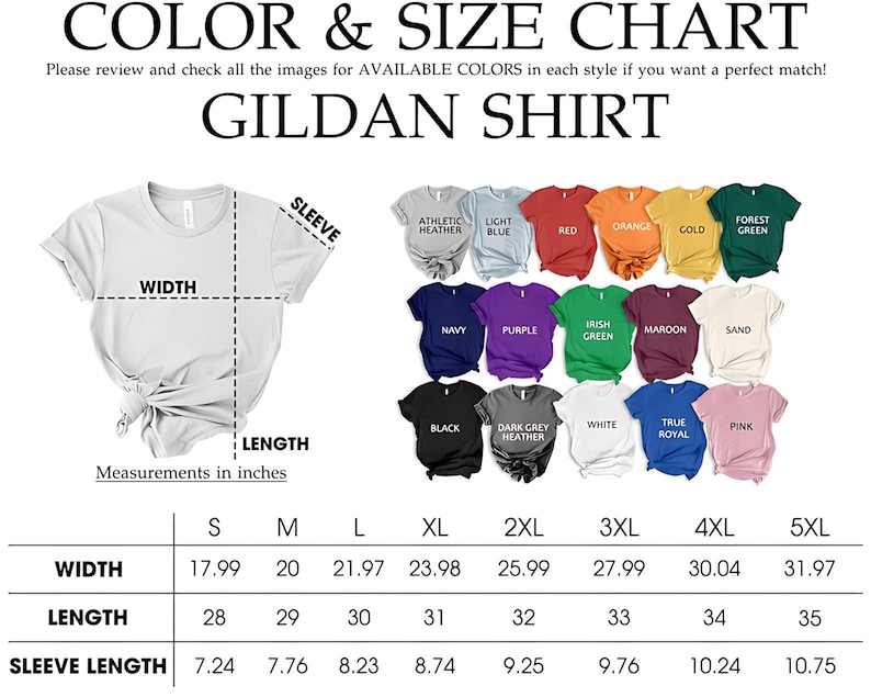 Op de afbeelding: Een kleuren- en maattabel voor Gildan shirts, met een wit t-shirt en afmetingen in inches. De tabel toont verschillende shirtkleuren, waaronder rood, oranje en groen, samen met maatspecificaties.