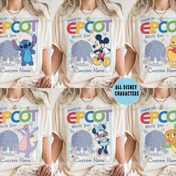Benutzerdefinierte Epcot World Tour Shirt, Mickey Stitch Pooh Figment T-Shirt, personalisiertes Disney Urlaub Top, Retro Raumschiff Erde Geschenk, Vintage Park T-Shirt