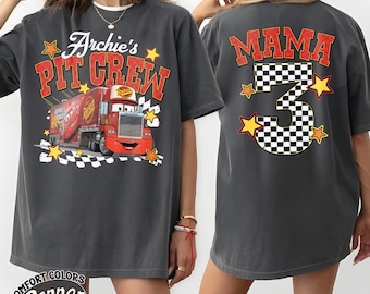 Custom Name Cars Birthday Shirt, Personalized Pit Crew Family Matching Tee, Two Sided Lightning McQueen Mack Truck Top,Racing Birthday Party