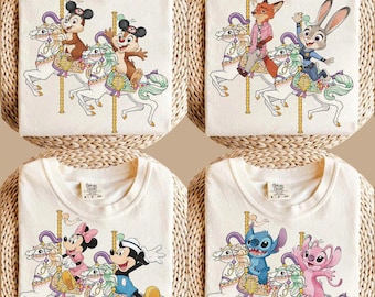 Camiseta retro de Disney Carousel, Mickey Minnie Stitch Ángel Chip Dale Judy Nick Camiseta, Top vintage de vacaciones en Disney World, Regalo mágico de Carousel