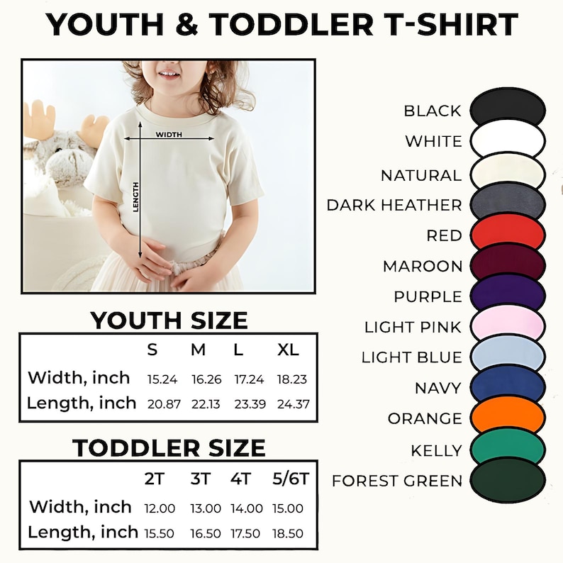 Op de afbeelding: Een beige t-shirt voor kinderen en peuters wordt getoond met maattabellen voor kinderen en peuters. De jeugdmaten vari&euml;ren van small tot extra large, met breedtes van 38,71 cm tot 46,30 cm. Peuter maten vari&euml;ren van 2T tot 5/6T.