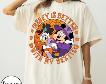 Retro Minnie Daisy Halloween Shirt, Disney Better With My Bestie Witch Tee, Spooky Season Besties Matching Top, Halloween Gift Shirt