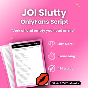 Peut inclure: Visuel rose avec le texte "JOI Slutty OnlyFans Script" et la phrase "Jerk off and empty your load on me". L'image comprend un script, un diamant, une horloge et une coche.