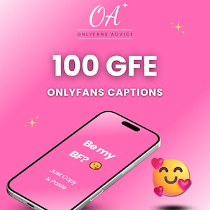 Op de afbeelding: Roze afbeelding met de tekst "100 GFE ONLYFANS CAPTIONS" en een smartphone met "Be my BF?" met een emoji. De afbeelding bevat de tekst "Just Copy & Paste" en een hart-emoji.