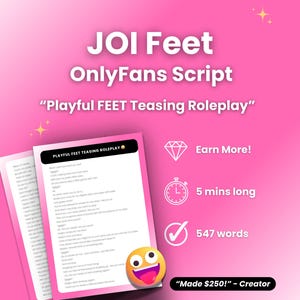 Könnte beinhalten: Rosa Hintergrund mit Text: "JOI Feet OnlyFans Script" und "Playful FEET Teasing Roleplay". Enthält ein Skript, ein Diamant-Symbol, eine Uhr und ein Häkchen. Das Skript ist 5 Minuten lang und hat 547 Wörter.