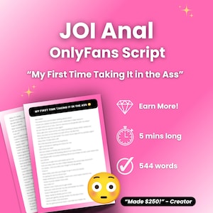 以下が含まれることがあります： ピンクの背景に「JOI Anal OnlyFans Script My First Time Taking It in the Ass」と題されたデジタルスクリプトドキュメント。ドキュメントにはテキスト、ダイヤモンドのアイコン、時計のアイコン、チェックマーク、驚いた表情の絵文字グラフィックが含まれています。