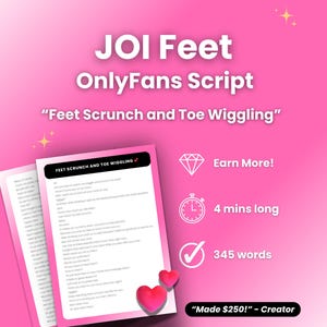 以下が含まれることがあります： 「JOI Feet OnlyFans Script」と「Feet Scrunch and Toe Wiggling」のテキストが入ったピンク色のグラフィック。画像にはスクリプト、ダイヤモンド、時計、チェックマークが含まれています。スクリプトは4分で345語です。