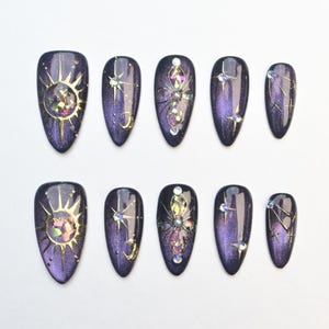 Mystical Galaxy Acrylic Nails | Purple Celestial Nails with Gold Sun and Stars | Witchy Holographic Rhinestone Nails | Fantasy False Nails