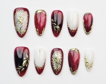 Burgundy Gold Acrylic Nails, Luxury Red Almond Nails with 3D Rose, Elegant Handmade Fake Nails, French Gel Nails, Ombre False Nails, Glitter