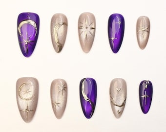 Purple Celestial Press On Nails, Moon Star Fake Nails, Gold Chrome Nail Art, Witchy Nails, Almond Fake Nails, Handmade Reusable Nails Set
