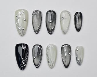 Uñas Liquid Metal/Uñas de estrella plateada/Uñas ojo de gato negro/Uñas de gel Galaxy/Uñas postizas/Uñas a presión Aurora/Diseño de uñas cromadas/Uñas acrílicas/Almendra