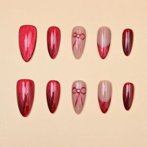 Red cat eye nails/French gel nails/Cut bow fake nails/Simple nail art/Faux acrylic nails/Y2k Press on nails/Fantasy nails/Gem Diamond/Almond
