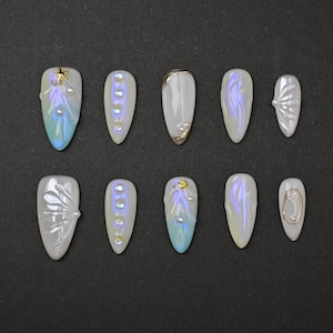 Ocean princess nails/Summer press ons/Shell fake nails/Blue sea gel nails/Gold starfish nails/3D nail art/Beach nails/Pearl Gem nails/Almond