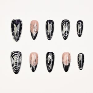 Schwarze Y2k Nägel/französische Kunstnägel/Silber Herz Herz Nägel/Chrom Nailart/Kpop Acrylnägel/Gelnagel