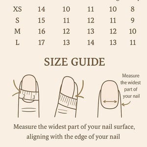 Op de afbeelding: Een beige afbeelding met nagelmaten in millimeters. De tabel toont maten van XS tot L, met bijbehorende duim-, wijs-, middel-, ring- en pinkmaten. Bevat een maattabel met illustraties over hoe de nagelbreedte te meten.