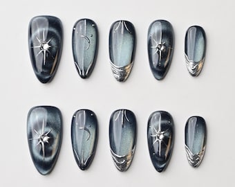 Black Cat Eye pers op nagels, Starburst metallic chroomnagels, Galaxy donkerblauwe nagels, Cyber Y2K-nagelset, handgemaakte herbruikbare luxe nagels