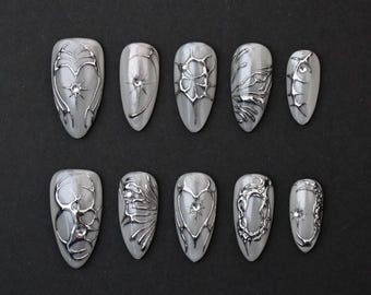 Chrome Silver Armor Press On Nails | Futuristic Gothic Nail Art | 3D Metallic Sculpted Nails with Mirror Finish | Y2K Gel nails | Almond